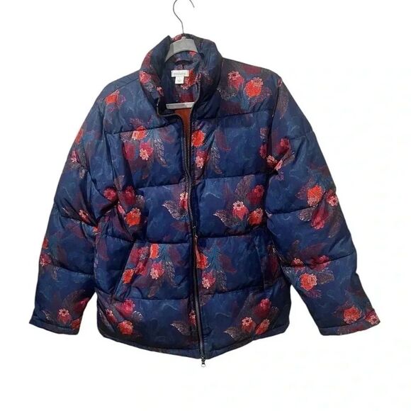 Sundance Womens small Puffer Jacket Kimmy Vibrant Navy Floral Rust winter parka - Picture 1 of 8